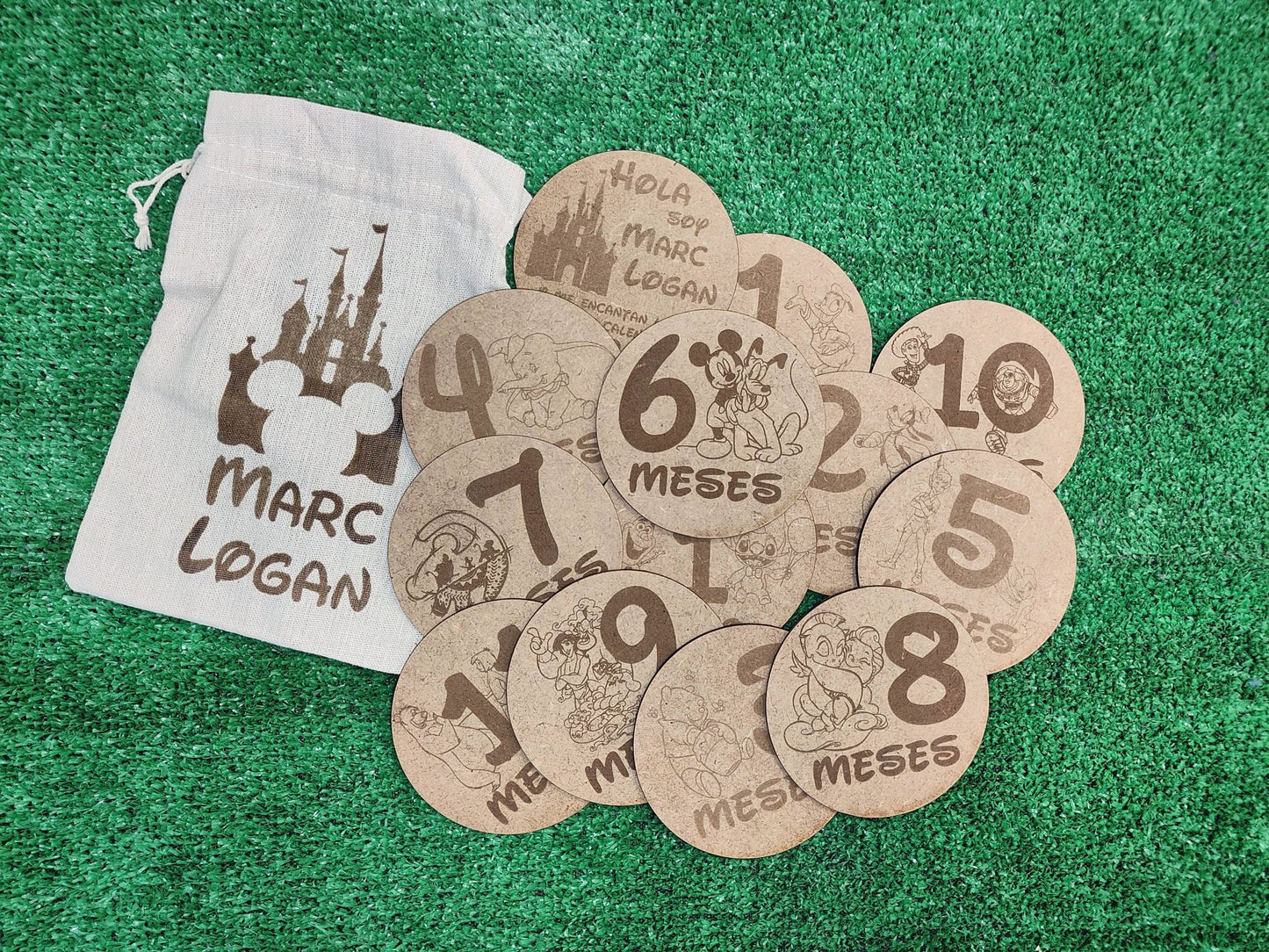 Cumplemes bebé – 12 placas de madera + bolsa personalizada